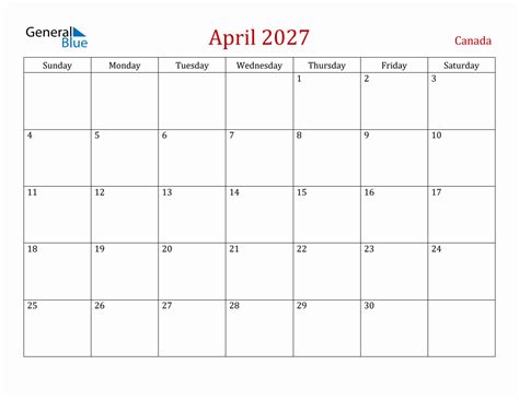 April 2027 Canada Monthly Calendar With Holidays
