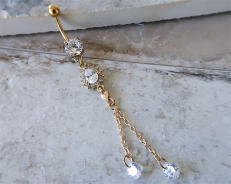 Dangle Belly Ring 14G Surgical Steel Navel Jewelry Gold Etsy