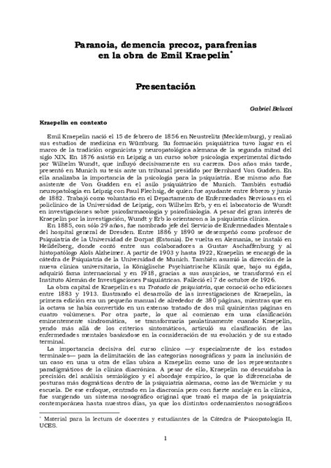(PDF) Paranoia, demencia precoz, parafrenias en la obra de Emil Kraepelin * Presentación ...