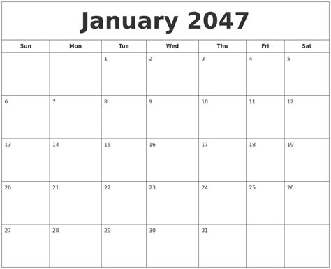 January 2047 Printable Calendar