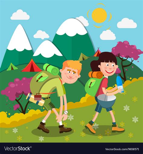 Happy Couple Hiking On The Mountains Royalty Free Vector
