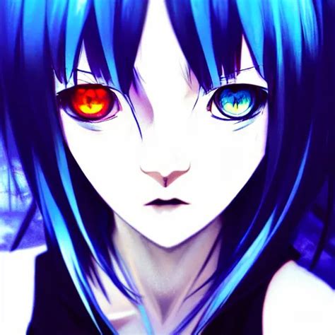 Two Amber Eyes Long Blue Haired Girl Bangs Stable Diffusion