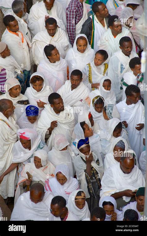 Ethiopian Christian Pilgrims In White Celebrating Fasika At The Church