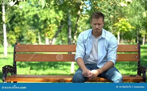 Sad Young Man Sitting Alone Park Bench Breakup Crisis Problem