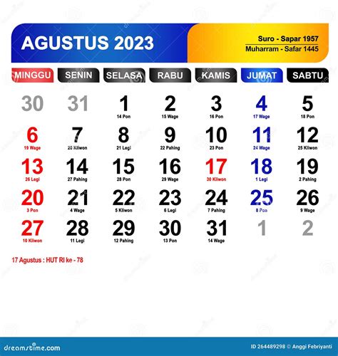 Kalender Bulan Agustus 2023 Lengkap Dengan Hari Libur Stock Foto