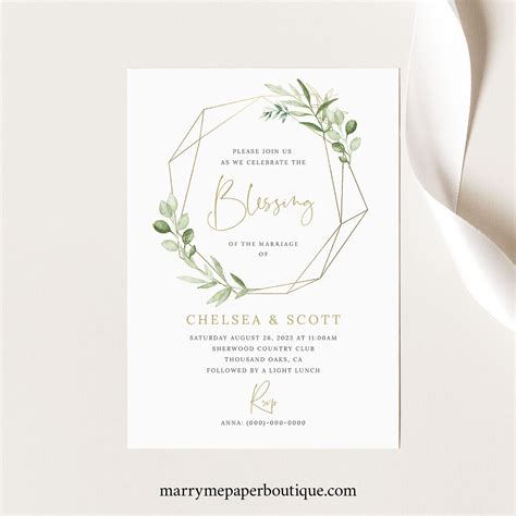 Wedding Blessing Ceremony Invitation Template Greenery Gold Etsy