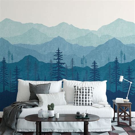 Blue Ombré Mountain Mural Removable Wallpaper by Wallspruce