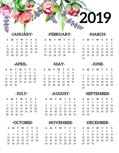 Free Printable 2019 Calendar Yearly One Page Floral Paper Trail Design