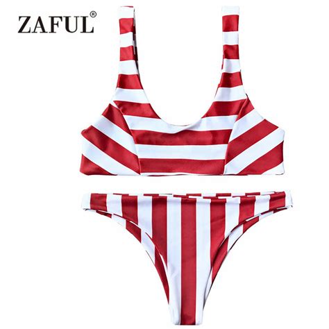 Zaful Bikinis Set Striped Scoop Neck Low Waist Bikini Women Swimwear