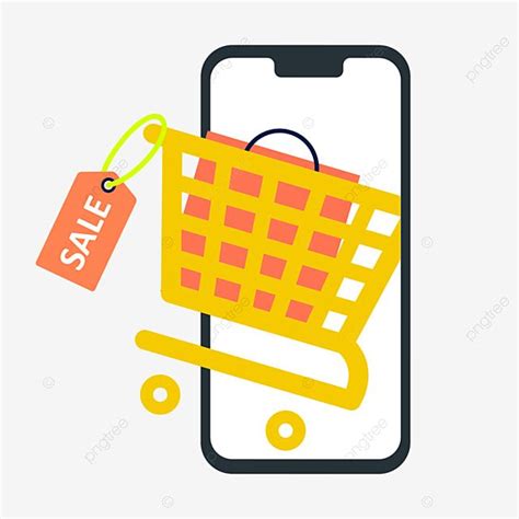 A Yellow Shopping Cart With A Sale Tag On It Is Coming Out Of The Phone Screen