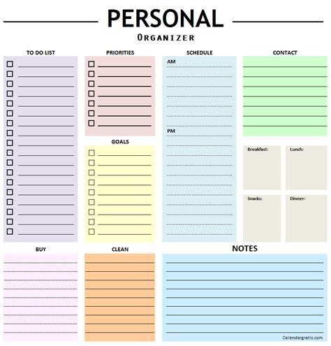 Personal Organizer Planner Template To Do List Notes Important