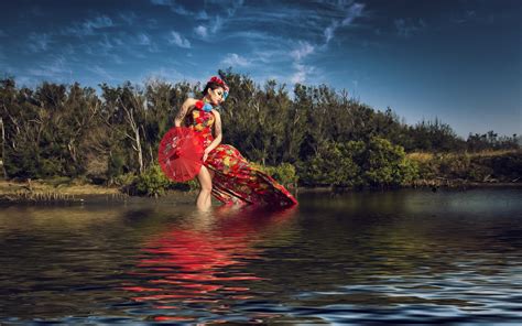 Obrázky na plochu čln ženy vonku Model more jazero voda odraz ázijský vozidlo lodičky