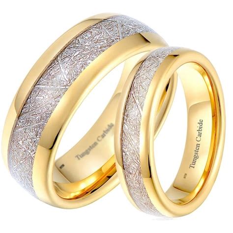His And Hers Matching Gold Tone Tungsten Wedding Couple Rings Set Meteorite Inlay