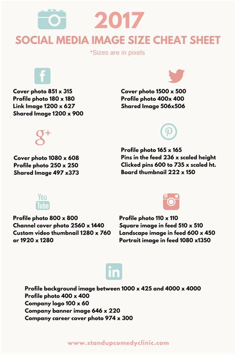 Social Media Image Size Cheat Sheet Stand Up Comedy Clinic