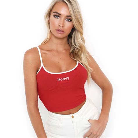 Sexy Women Crop Top 2018 Summer Honey Letter Embroidery Strap Tank Tops