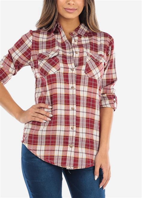 Moda Xpress Womens 3 4 Sleeve Shirt Button Up Flannel Plaid Red White Top 40248e