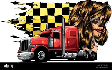 Vector Illustration Of Semi Truck With Head Girl And Race Flag Stock