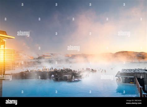 Blue Lagoon Hot Spring Geothermal Spa At Sunset In Winter In Iceland