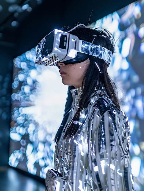 Mulher Futurista Em Roupa Prateada Experimentando Realidade Virtual Com