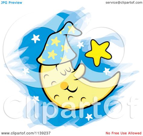Cartoon Of A Content Sleeping Crescent Moon And Stars Royalty Free