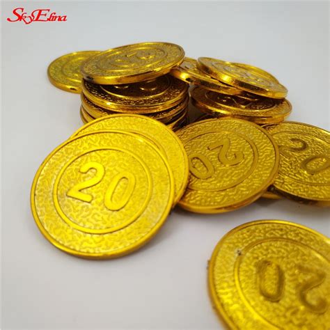 50pcs Gold Plated Plastic 20 Yuan Coin Currency Pirate Captain Gold Party Game Props Childrens