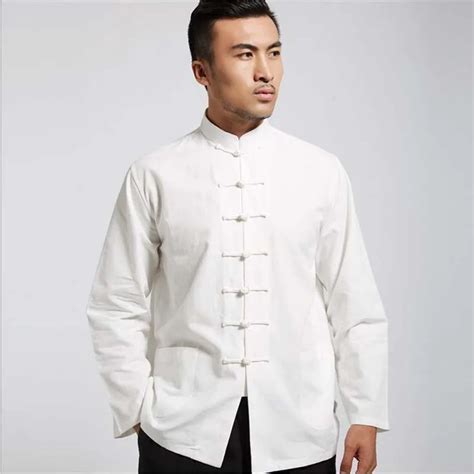 spring autumn men pure cotton shirt chinese style mandarin collar stand shirts long sleeve white