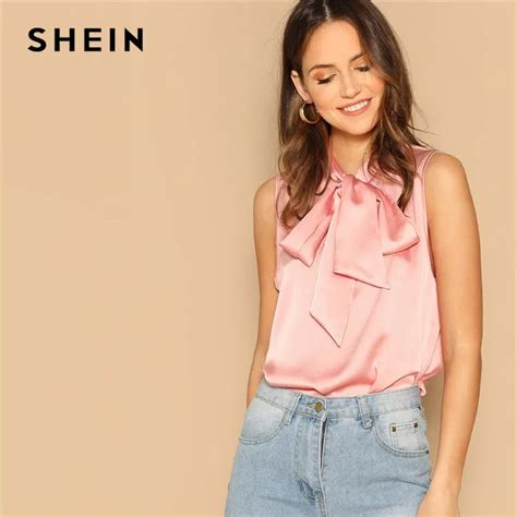 Buy Shein Pink Tie Neck Sleeveless Elegant Workwear Satin Blouses 2019 Spring