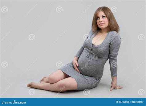 Pregnant Girl In Grey Dress Stock Image Image Of Cheerful Casual