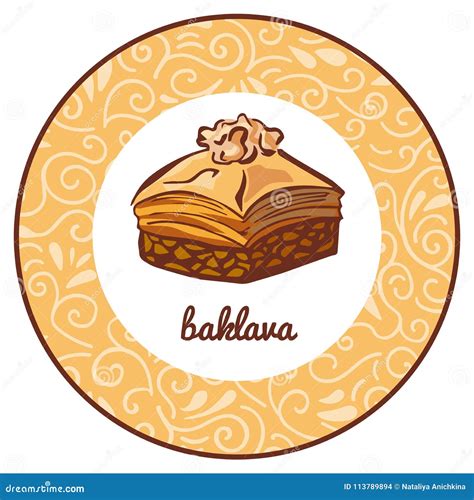 Vector Illustration With Famous Turkish Dessert Baklava With Walnut
