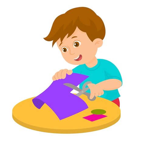 Boy Is Cutting Color Paper With Scissors Premium Vector