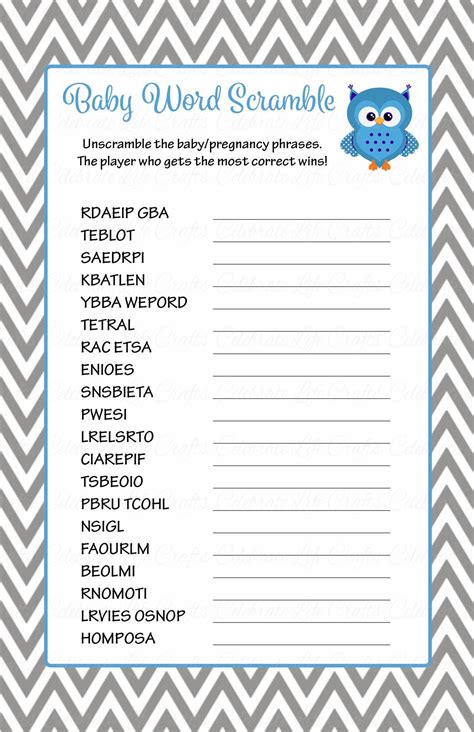 Baby Word Scramble Printable Download Blue And Gray Baby Shower Game