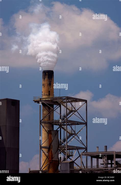Air Pollution Paper Mill Chimney With White Smoke Or Steam Plume With