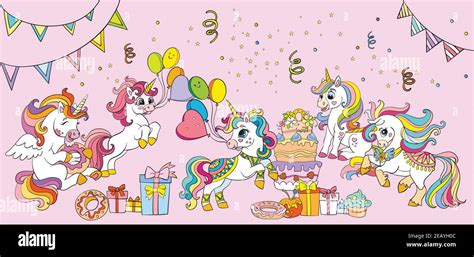 Cute And Happy Unicorns Celebrating Birthday Party Vector Horizontal
