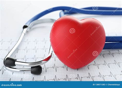 Red Heart With Stethoscope And Cardiogram On White Background Stock