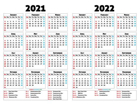 2021 And 2022 Printable Calendar With Holidays 12 Templates Year