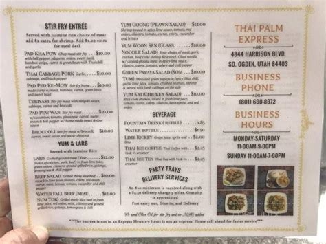Şu anda kapalıaçılış saati 11am. Menu of Thai Palm Kitchen in Ogden, UT 84403