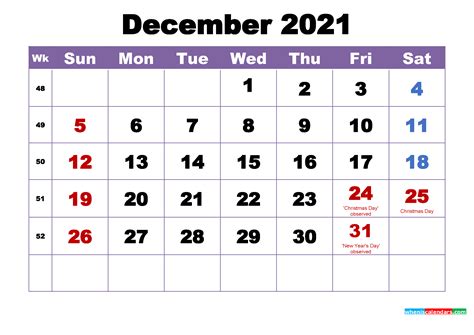 December 2021 Printable Calendar With Holidays Word Pdf