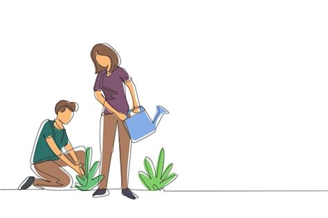 Premium Vector Continuous One Line Drawing Man Woman Gardening Plants