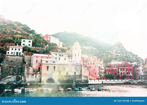 Famous View Of The Vernazza Old Town Italy Cinque Terre In The Early
