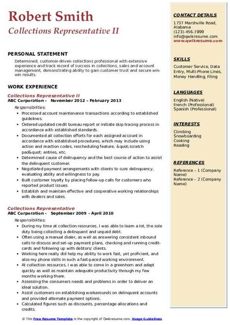 Collections Representative Resume Samples | QwikResume