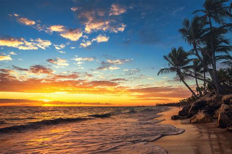 Punta Cana Sunrise Landscape Of Paradise Tropical Beach Stock Photo