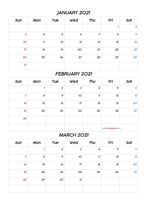 January February March 2021 Calendar Pdf Template Codecoco4