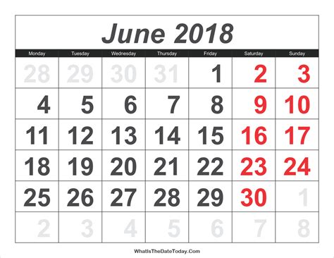 2018 Calendar June With Large Numbers Whatisthedatetodaycom