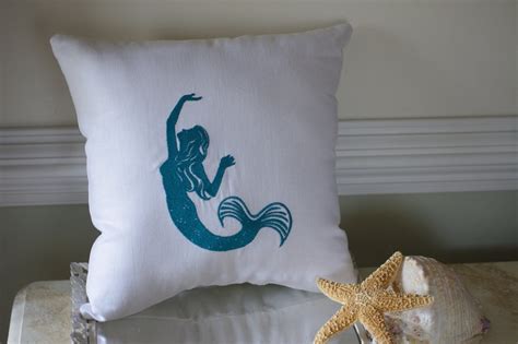 Embroidered Mermaid Pillow On Linen Fabric 16x16 Pillow Etsy