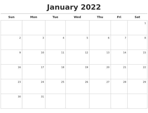 Jan 2022 Calendar