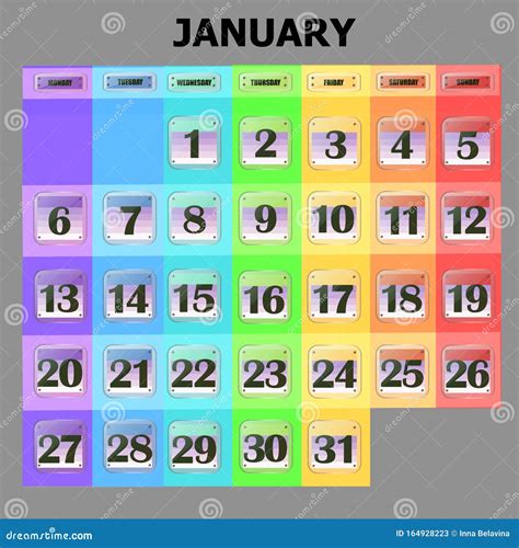 Calendario Colorido Para Enero De 2020 En Inglés Conjunto De Botones