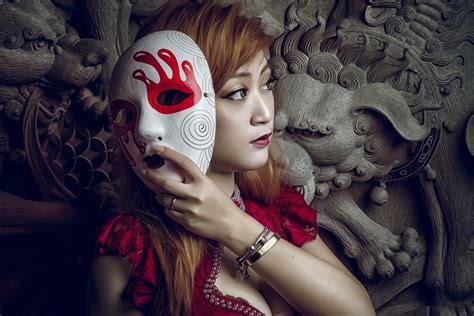 wallpaper women model red asian mask clothing head color beauty lady photograph