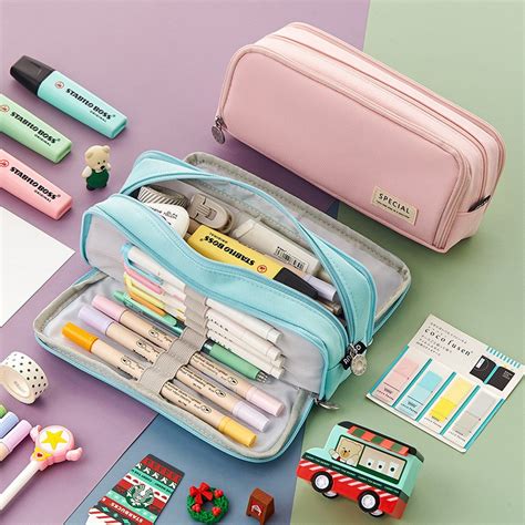 Angoo Double Sided Pen Bag Pencil Case Pure Color Canvas Pocket Storage