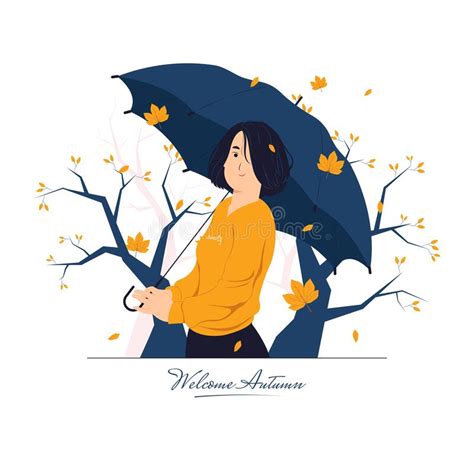 Happy Girl With Umbrella In Autumn Day Concept Illustration Stock
