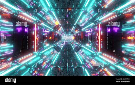 corredor túnel scifi futurista con brillantes volando esferas partículas ilustración 3d fondo de